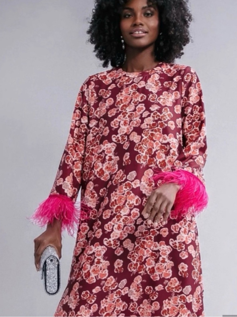 Tuckernuck Burgundy Floral Shift Dress with Pink Feather Cuffs